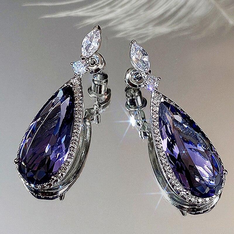 BELLA BOX Teardrop Purple CZ Stone Drop Earrings High Quality Silver Color Gorgeous Women Accessories Wedding Trend Hot Jewelry