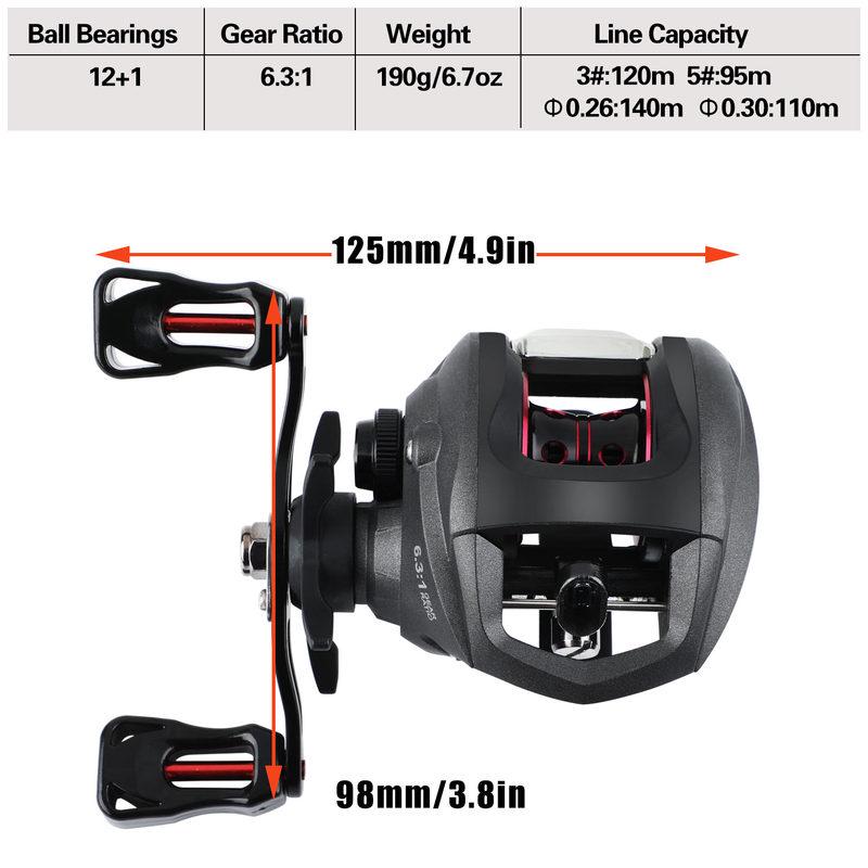 Baitcasting Fishing Reel Ultra Smooth 12+1 Shielded Ball Bearing High Speed 6.3:1 Gear Ratio Reel