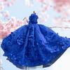 Luxury Blue Princess Dress for Dogs Handmade Lace Flower Bow Long Tail Coat High-End Fashion Pet Clothe for Small Medium Puppies