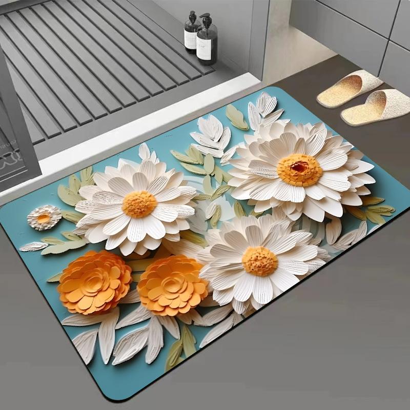 Green Flower Flat Surface Household Bathroom Toilet Absorbent Diatom Mud Floor Mat Non-slip Foot Mat Quick Dry Naked Eye 3D Floor Mat