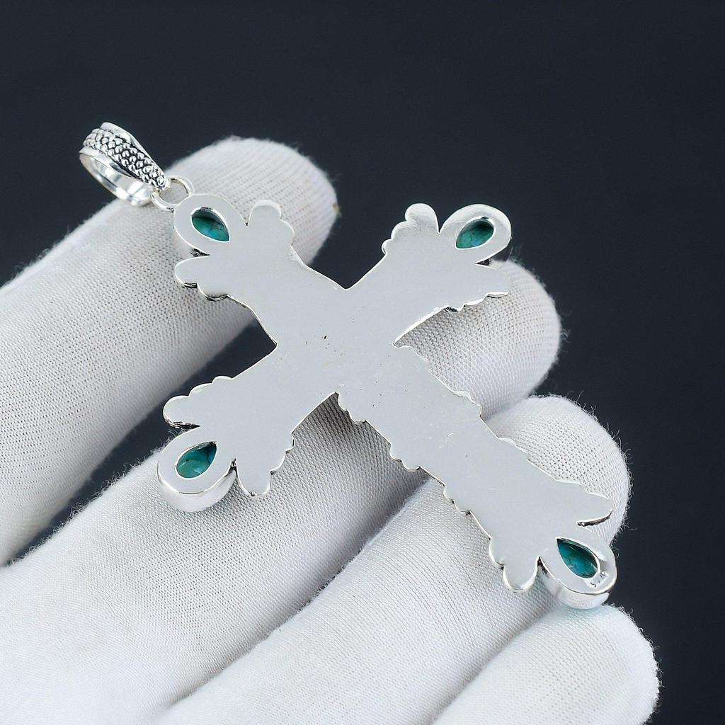 Кулон с бирюзовым драгоценным камнем Бирюзовый натуральный драгоценный камень Ручная работа Подвеска-крест из стерлингового серебра 925 пробы для подарков Подвеска для нее, женские украшения