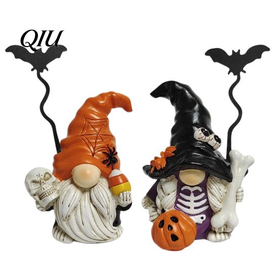 Spiders Bats Pumpkin Figurines Halloween Gnome Figurine, Small Resin Dwarf Table Decoration, Spooky Yard Decoration Bat Skull Statue for Tiered Tray,