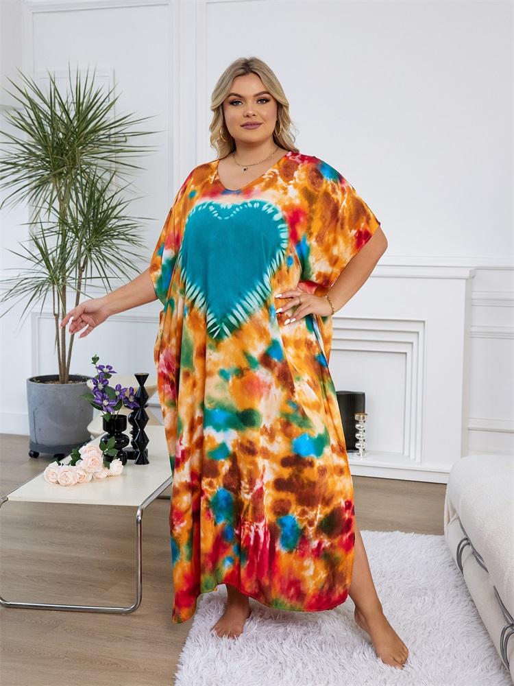 EDOLYNSA Plus Size Loose Kaftan Dresses For Women 2024 Boho Printed Vacation Beach Coverup Summer House Dress Cozy V Neck Short Sleeve Loungewear