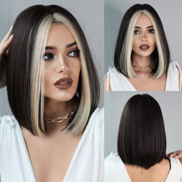 Выделите прямой парик боб для женщин, повседневный парик для косплея, синтетические черно-белые волосы, парики с челкой, термостойкие