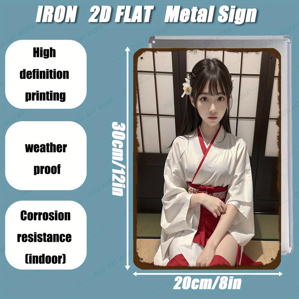 Japanese Geisha Kimono Metal Wall Art Traditional Japanese Decor with Flowers Vintage Tin Sign x Inch