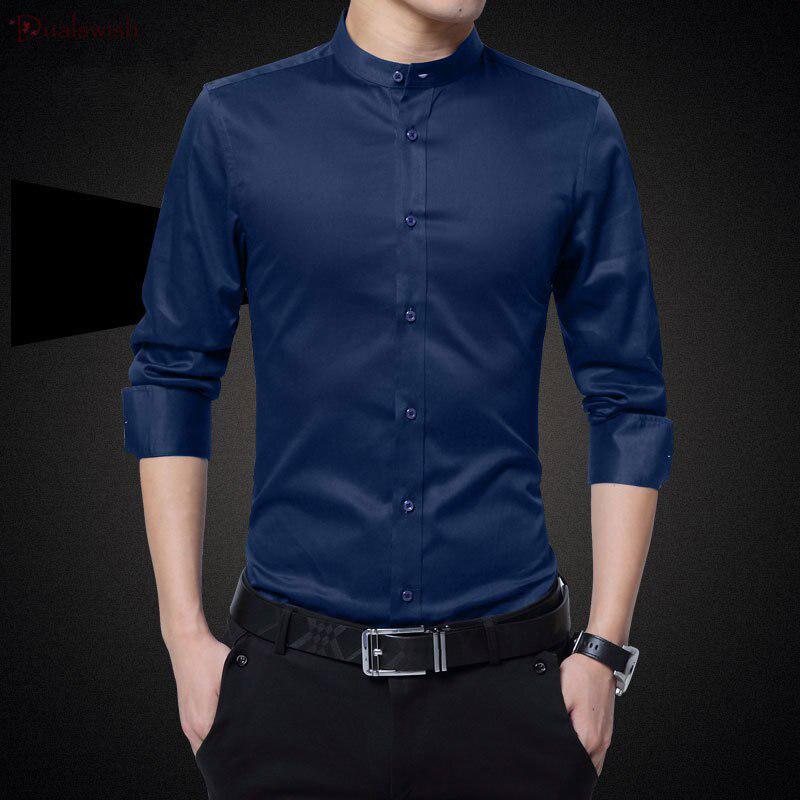 Новые мужские рубашки, деловая хлопковая мужская рубашка с длинным рукавом и воротником-стойкой, приталенная, популярный дизайн