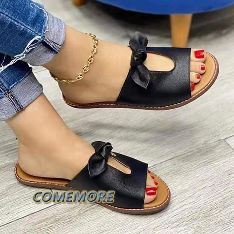 Летние женские повседневные модные сандалии-балетки с бантом, сандалии, удобные, на мягкой подошве, женские дышащие пляжные золотые тапочки, большой размер