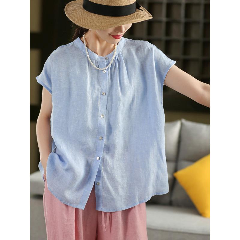 1116 Vintage Heavy Industry Yarn Linen Shirt Femininity Stand-Up Collar Shirt Single-breasted Short Sleeve Top