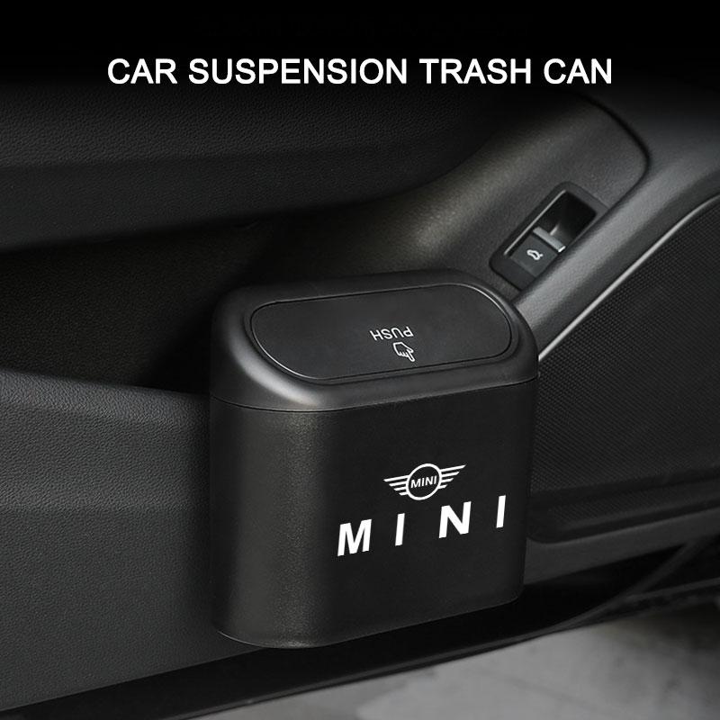 Компактное черное пластиковое мусорное ведро из АБС для BMW Mini Cooper с креплением-клипсой и стильным брендингом 'MINI'