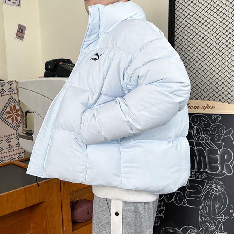 Puma Однотонный пуховик с логотипом и воротником-стойкой, унисекс, верхняя одежда, светло-голубой 623600-69