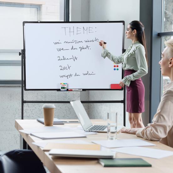 Double-Sided Easel Board with Stand 40x28 Inch Reversible Whiteboard/Chalkboard on Wheels, Height Adjustable, 2-in-1 Mobile Whiteboard Rolling