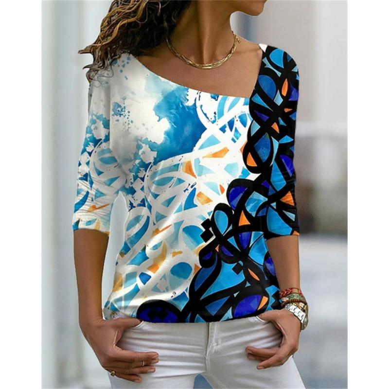 Женская футболка с характерным диагональным вырезом и нерегулярным цветочным принтом, цифровая 3D-печать, женская одежда, модная уличная женская футболка в стиле Харадзюку