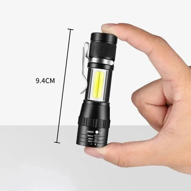 USB Мини-фонарик с подзарядкой COB+XPE LED, с зумом, встроенный аккумулятор, 3 режима освещения, для улицы, кемпинга, аварийный фонарь