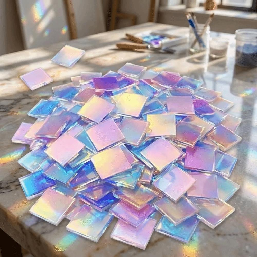 50Pcs Rainbow Holographic Acrylic Square Holo Plexiglass Tiles Iridescent Acrylic Art Creation