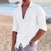 2024 New Men's Shirt Cotton Linen Fashion Casual Polo Neck Beach Shirt Long Sleeve Solid Hawaiian Holiday Shirts