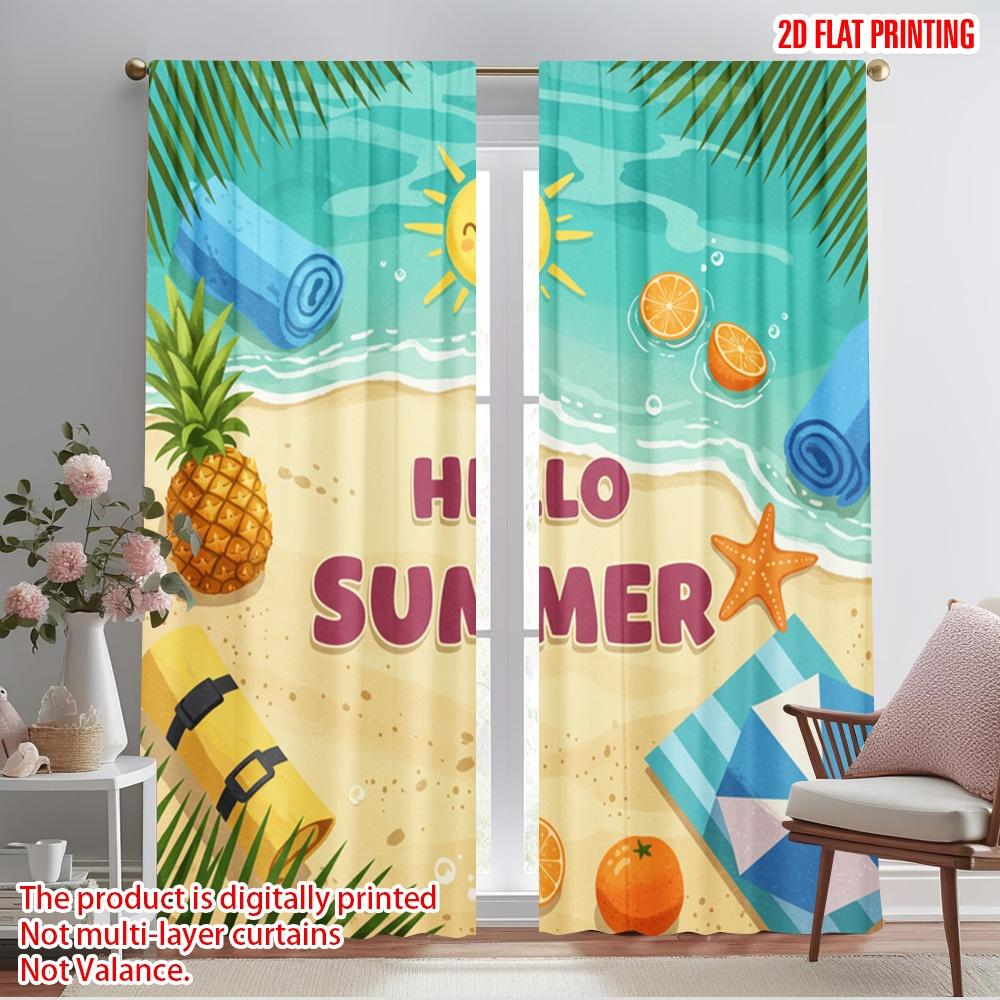 2pcs 2D Flat Printing Window Curtains Summer Beach Pineapple Sun Towel 100% Polyester Without Electricity Party Decorations Use