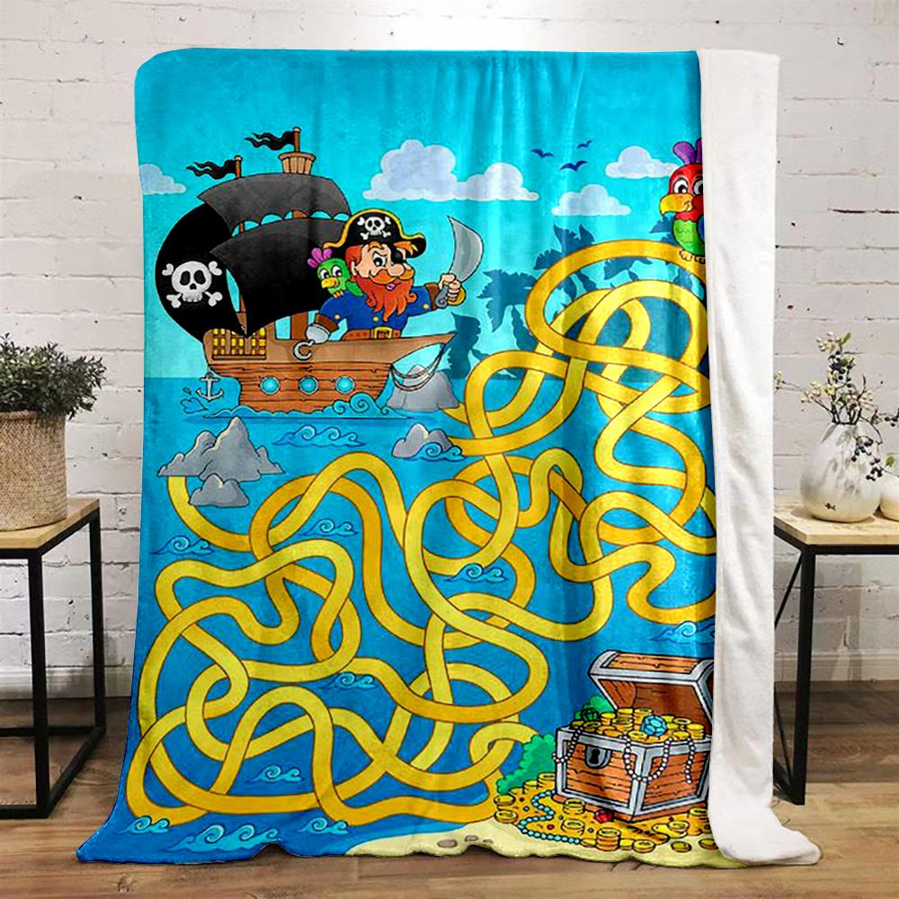 Pirate ship and treasure maze cartoon design. Flannel blanket for bedroom, living room, sofa, and nap sofas.