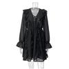 Elegant Ruffles Mini Dress Women V Neck Hollow Out Lace Up Long Sleeves Lace Dresses  Solid Color High Waist Dress