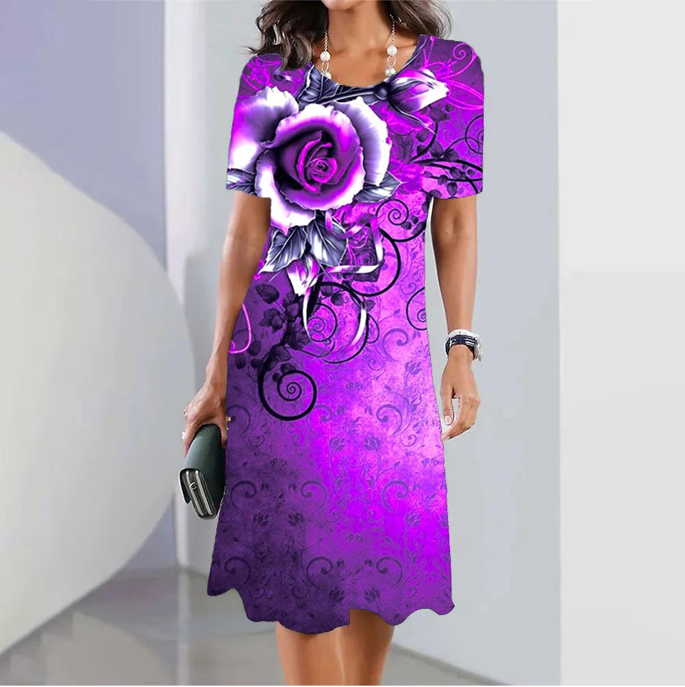 Модное женское свободное платье-трапеция с принтом ежевичных роз и коротким рукавом с круглым вырезом и принтом листьев