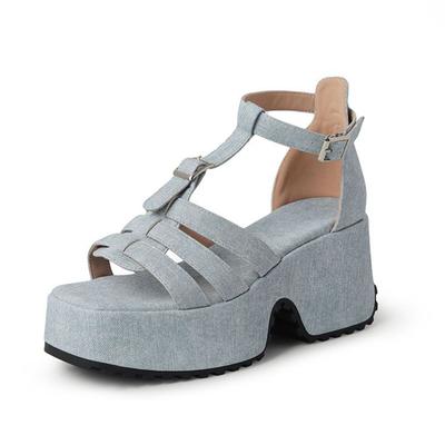 Полиуретановые весенне-летние сандалии 43-го размера 42-го размера для женщин на платформе с круглым носком и ремешками на щиколотке с толстой подошвой