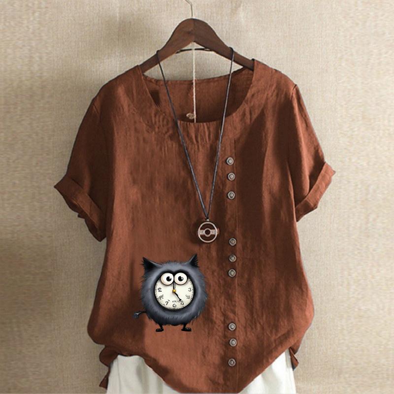 Women's Fashion Alarm Clock Cat Prined Short Sleeve T-shirt Loose Cotton Shirt Casual Loose Summer Blouse Tops Plus Size
