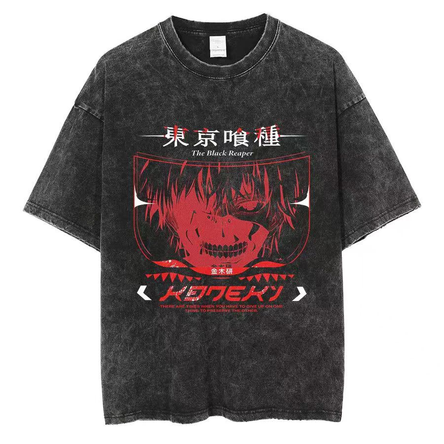 Anime Tokyo Ghoul Ken Kaneki Graphic Washed T Shirt Men Manga Vintage Tshirts Casual Cotton T-shirt Harajuku Male Tops