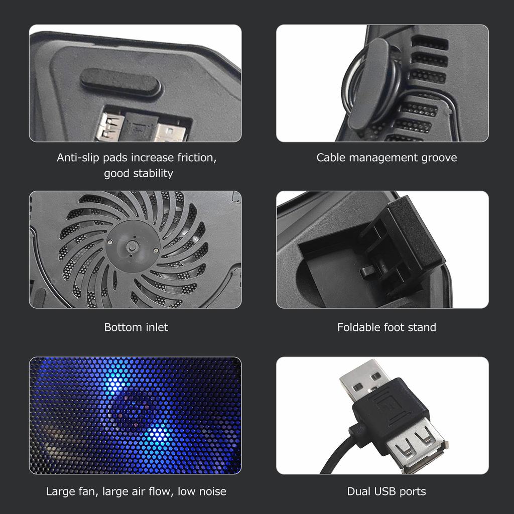 Портативный кулер для ноутбука Охлаждающая база для ноутбука Конструкция с одним вентилятором Низкий уровень шума Поддержка двух портов USB