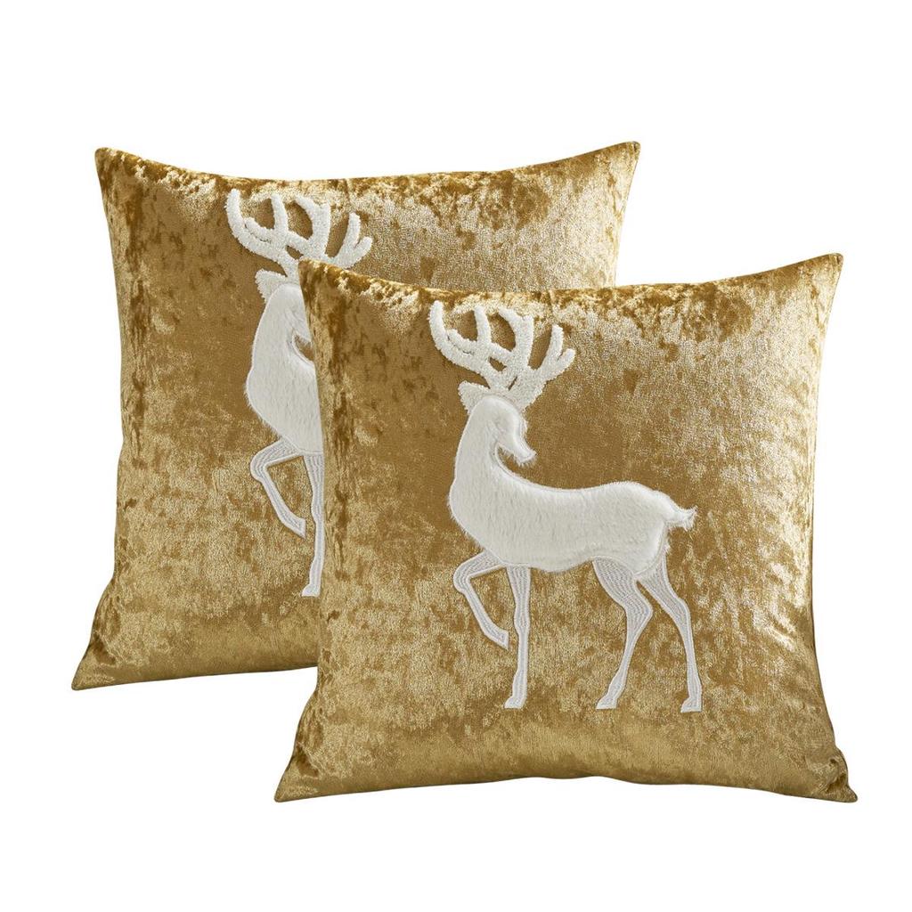 Gold Pillowcase with Reindeer and Snowflake Embroidery - Christmas Cushion Cover