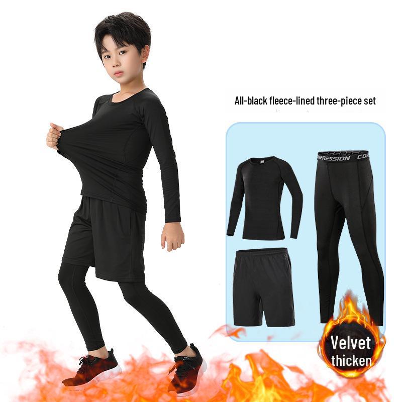 Плюшевые детские баскетбольные и футбольные быстросохнущие тренировочные костюмы для мальчиков - осенне-зимние спортивные тайтсы и базовые топы