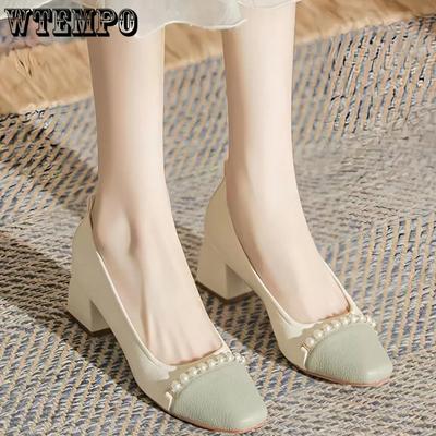 Женские туфли на высоком каблуке с квадратным носком, нежный жемчужный цвет, универсальный стиль в стиле ретро, ​​элегантные и модные туфли на толстом каблуке, мягкая подошва, удобная обувь