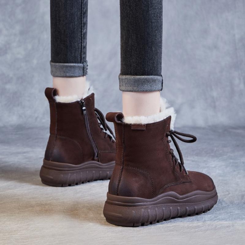 Мода 2025 Новые 5 см Женские ботинки из натуральной кожи Женские ботинки на толстой подошве Теплые хлопковые ботинки зимние ботинки из коровьей кожи первого слоя Винтажные