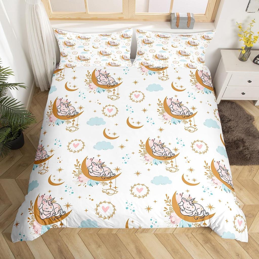 Unicorn Duvet Cover Set Cartoon Galaxy Rainbow Colourful Unicorn Cute Romantic Theme For Kids Girls Polyester Comforter Cover