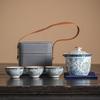 Ru kiln travel tea set, one pot, three cups, blue-and-white ceramic Kuaike cup, business gift, souvenir gift