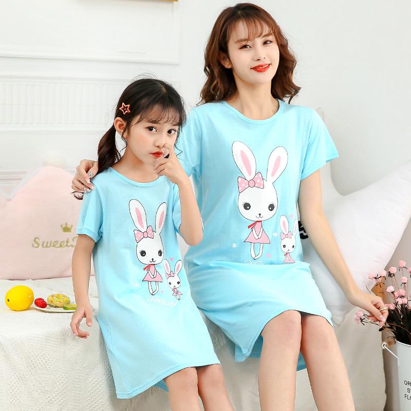 Girls' Summer Cartoon Short Sleeve Pajamas - Cute Parent-Child Cotton Nightdress