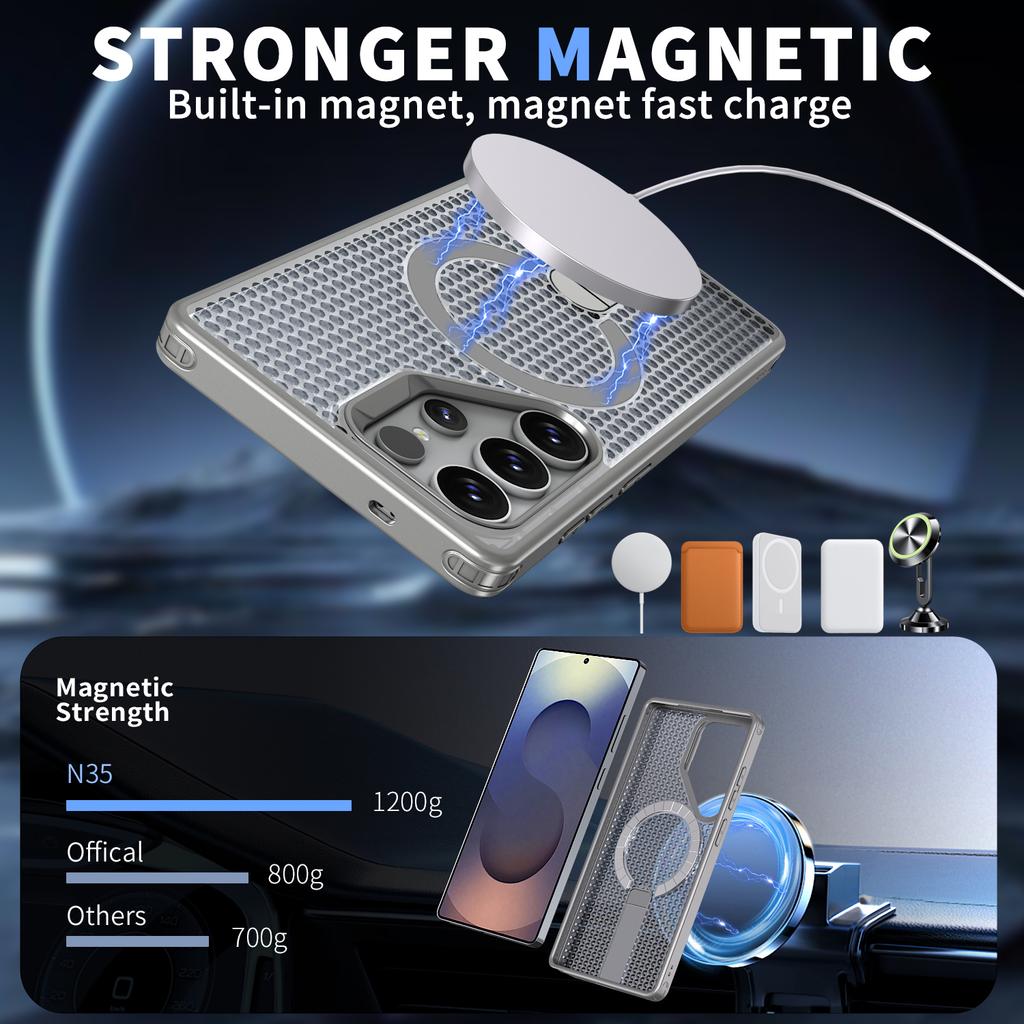 For Samsung Galaxy S25 Ultra Magnetic Case Kickstand Grid Texture TPU PC Phone Back Cover