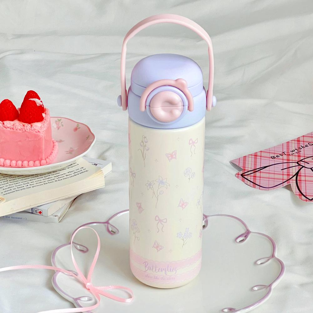 Очаровательная мультяшная термокружка: Портативный, удобный для использования в школе, из нержавеющей стали с откидной крышкой и двойной трубочкой для питья