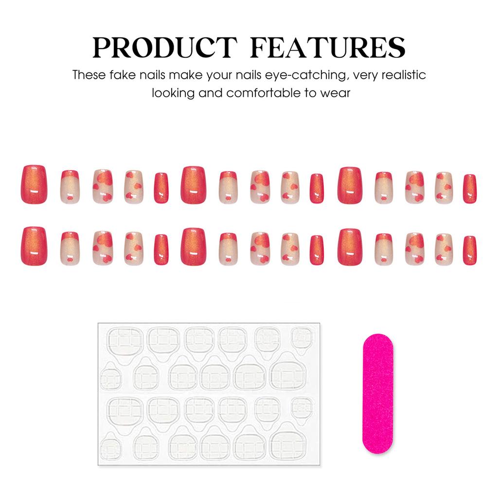 30pcs Cat Eye Press On Nails With Pink Heart Design Glitter False Nails For Women Girls Holiday Party Wear