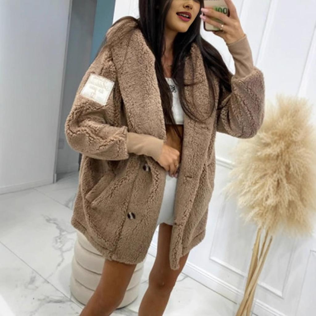 Women's Solid Color Long-sleeved Loose Plush Hooded Jacket