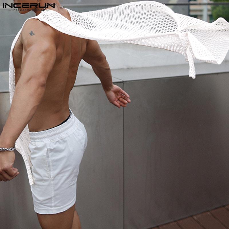 INCERUN Summer Men Sleeveless Split Lace Up Vest See Through Tank Tops