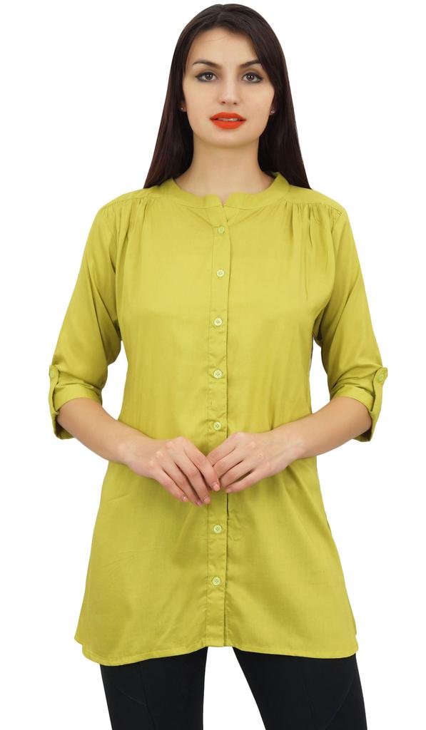 Phagun Women's Summer Yellow Cotton Modal Tunic Shirt Top With Front Opening-