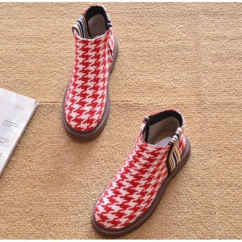 2026 Весна Осень Женские Туфли Гусиная лапка Ботильоны Челси На плоской подошве Красные Белые Боковая молния Бренд Женские Одинарные Ботинки