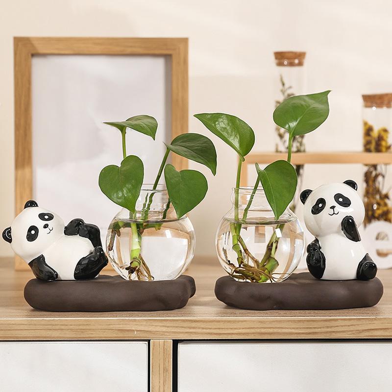 Мультфильм Панда Зеленая Роза Гидропонная Ваза Стеклянная Посуда Прозрачная Вода Питательные Свежие Цветы Цветочный Горшок Цветочная Посуда Настольное Украшение