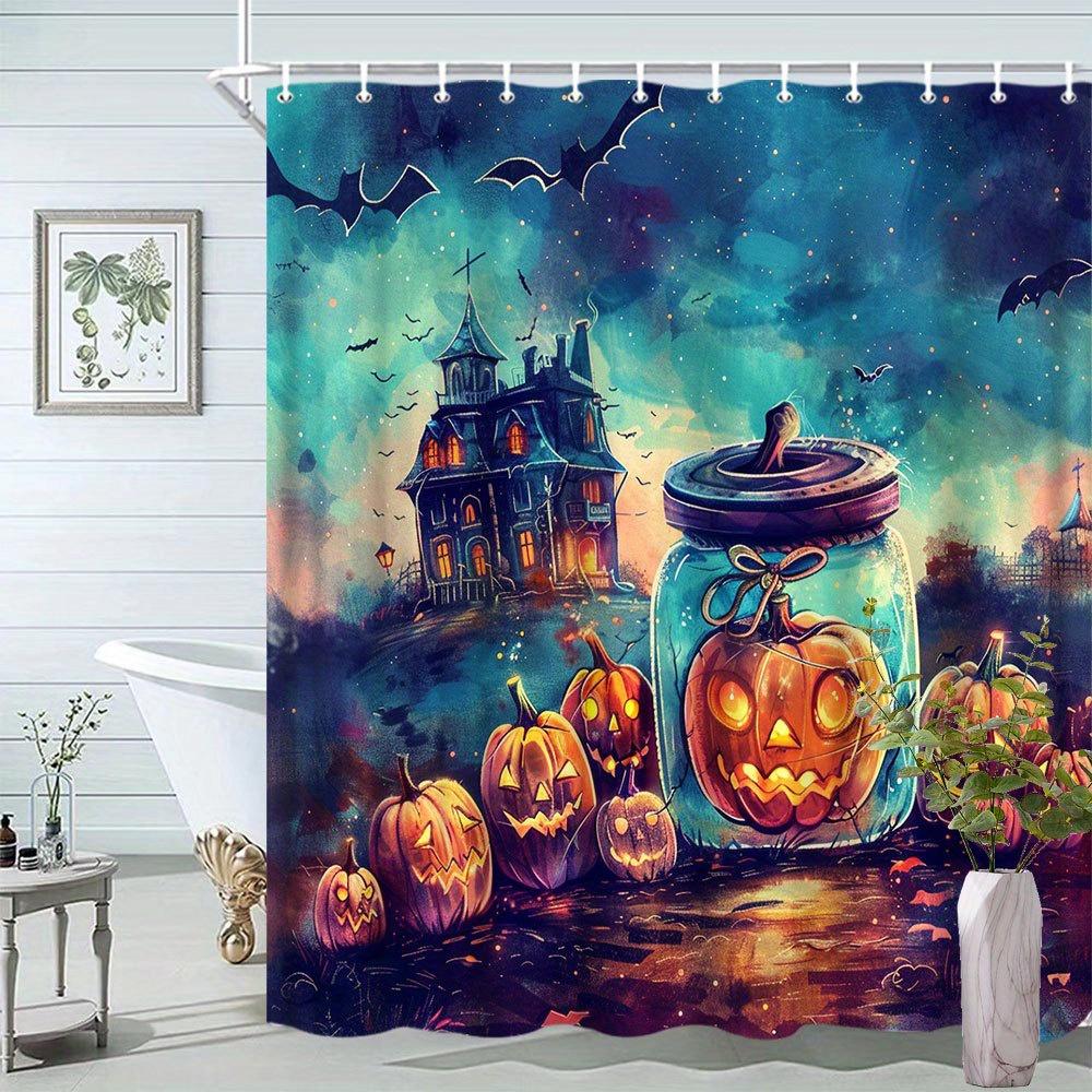 Halloween Shower Curtain, Pumpkin Lantern & Ghost House, Night Scene, Fantasy Theme, Polyester, 12 Hooks