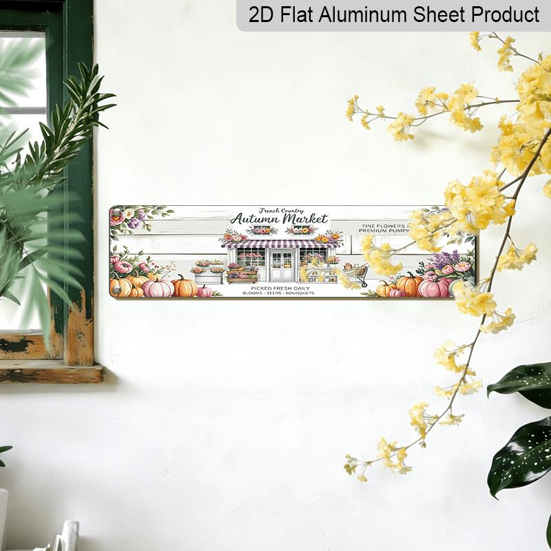 2D Flat, Vintage French Country Autumn Market Metal Sign - Rustic Cottage Wall Decor Featuring Floral and Pumpkin Designs, Measuring 4X16 Inches