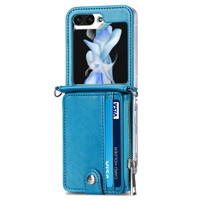 Чехол для Samsung Galaxy Z Flip7 FE 5G/Z Flip6 5G, кожаный чехол для телефона с держателем для карт на молнии и длинным ремешком