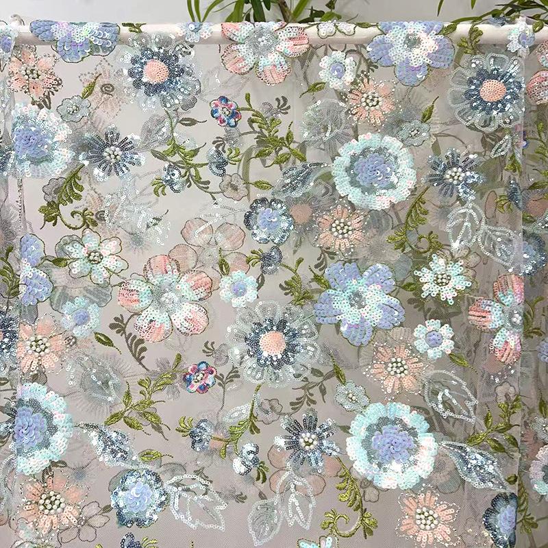 Floral Embroidery Fabric Thin Tulle Lace Wedding Dress Diy Fabric Chic Sequin Flower Embroidered Beads Clothing Accessories