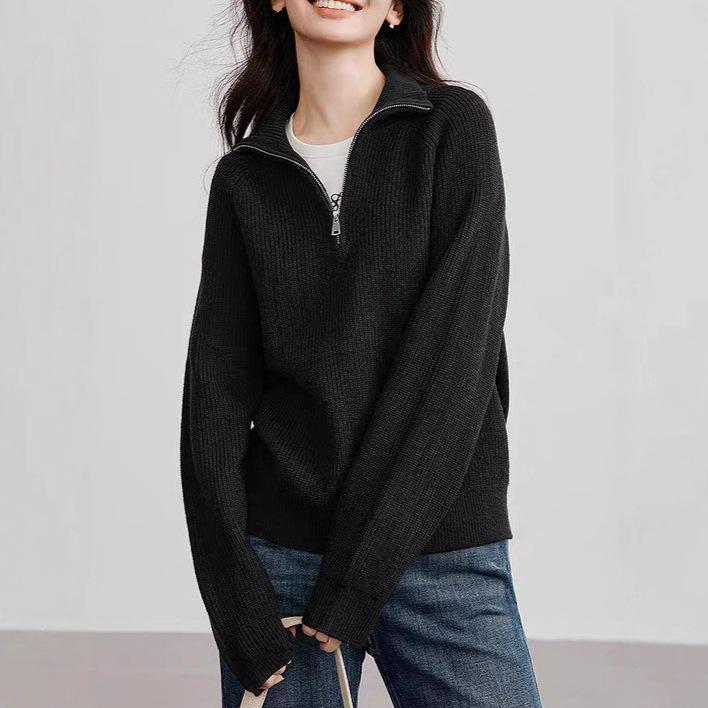 2026 Autumn/Winter Women's Casual Loose Half-Zip Textured Knit Top