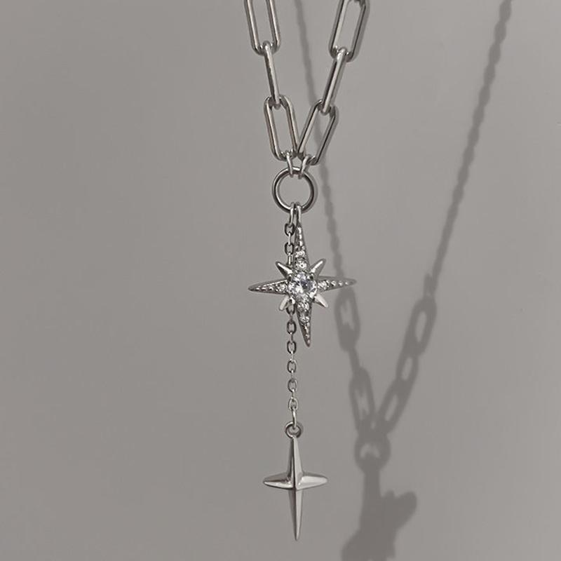 Серебряное ожерелье с подвеской в виде шестиконечной звезды «Фея», простая цепочка для ключицы, блестящий циркон, кисточка, крест, милая свадебная бижутерия для ключицы