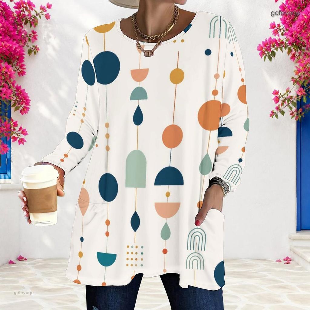 Women Plus Size Round Neck Long Sleeve Printed White Loose Longline T Shirt With Pockets