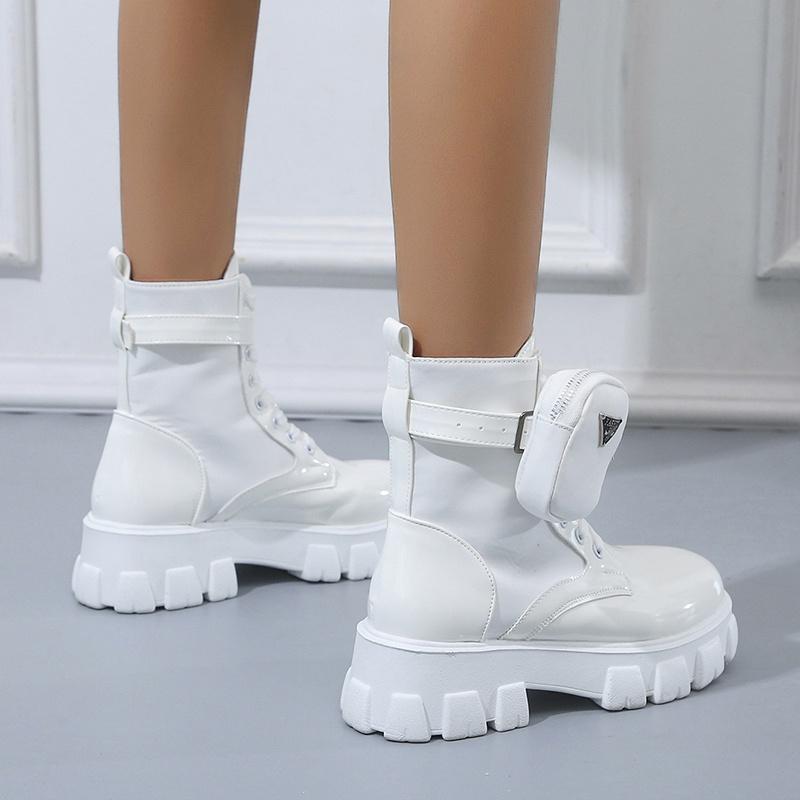 Женская модная обувь, черные мотоциклетные ботинки «Мартенс» на платформе в стиле панк, туфли на массивном каблуке со шнуровкой и пряжкой, карманы, туфли из искусственной кожи